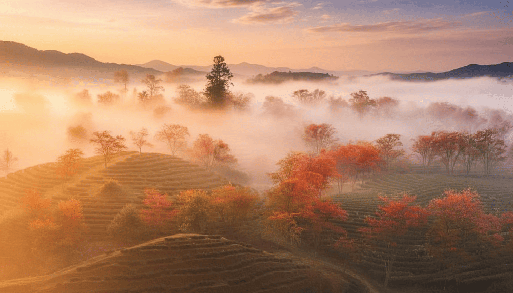 Visiting O Long Tea Hills in winter reveals a poetic landscape with frost-covered tea plants creating a silvery sheen across rolling hills